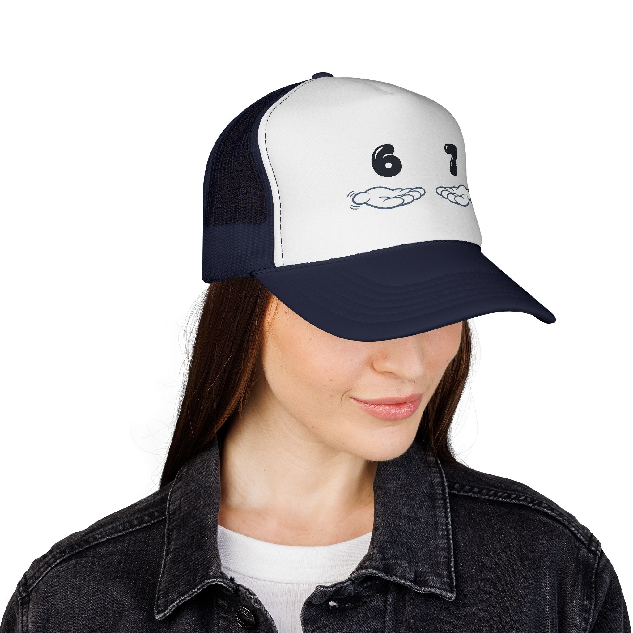 6 7 Trucker Cap — Minimal Vintage Graphic Mesh Hat